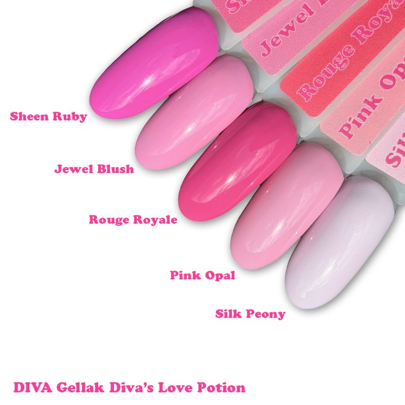Set 5x6ml Diva One Coat Gellak Diva's Love Potion met gratis naamstickers (Actieprijs) - Afbeelding 2